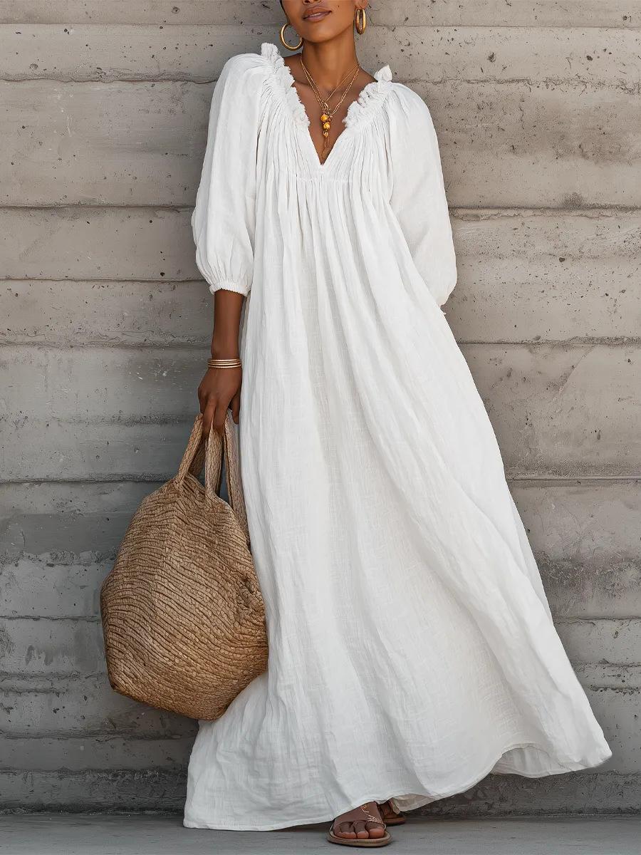 2026 new European and American style splicing dress V-neck loose solid color long dress women S