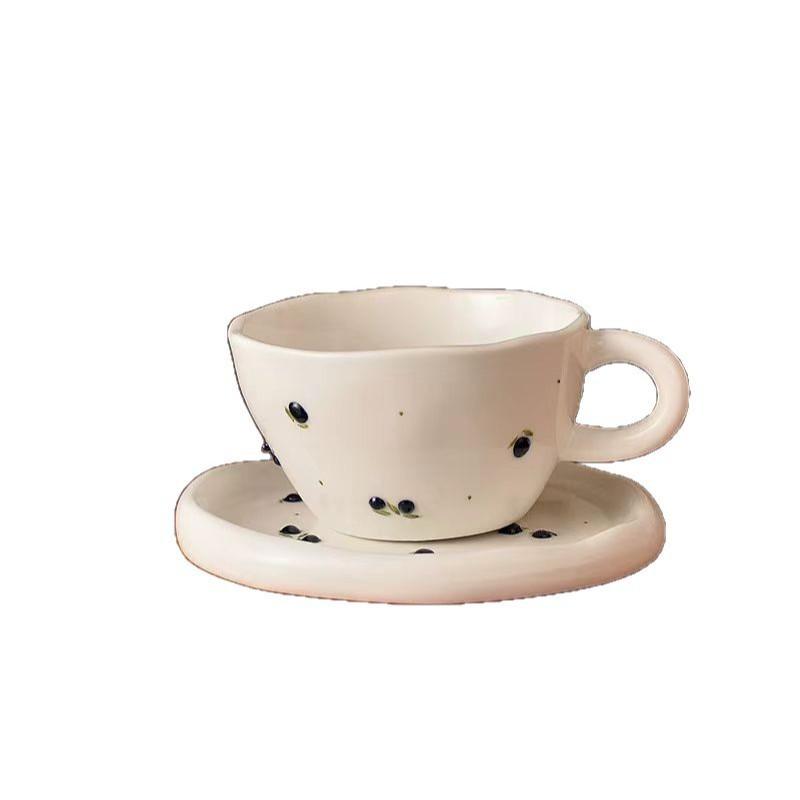 High Value Hand Pinch Ceramic Coffee Cup Cute Cherry Mug Household Water Cup Breakfast Cup One Dish Set