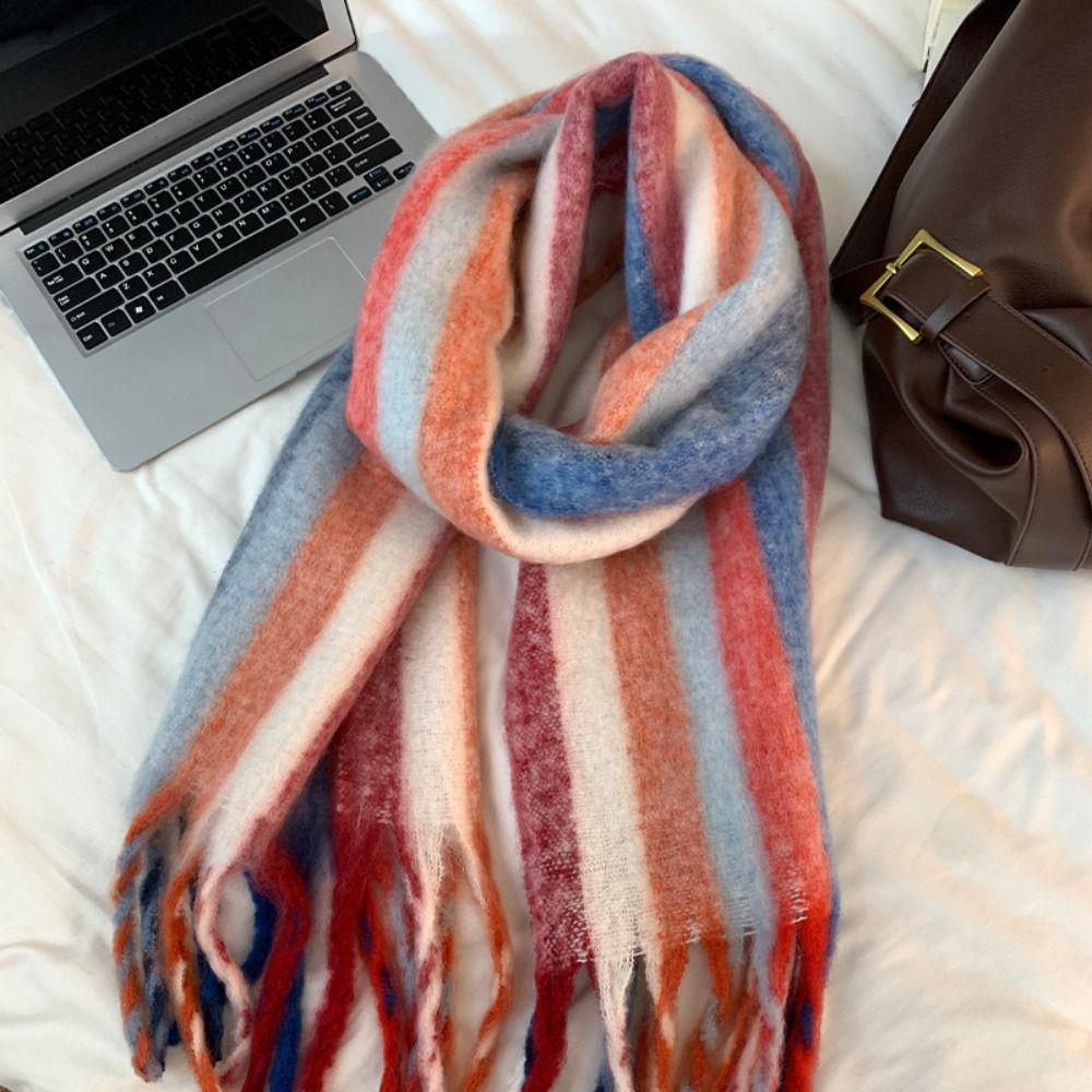 Tassel Striped Wool Shawl Plush Cape Wraps Classic Long Scarf  Women/Men