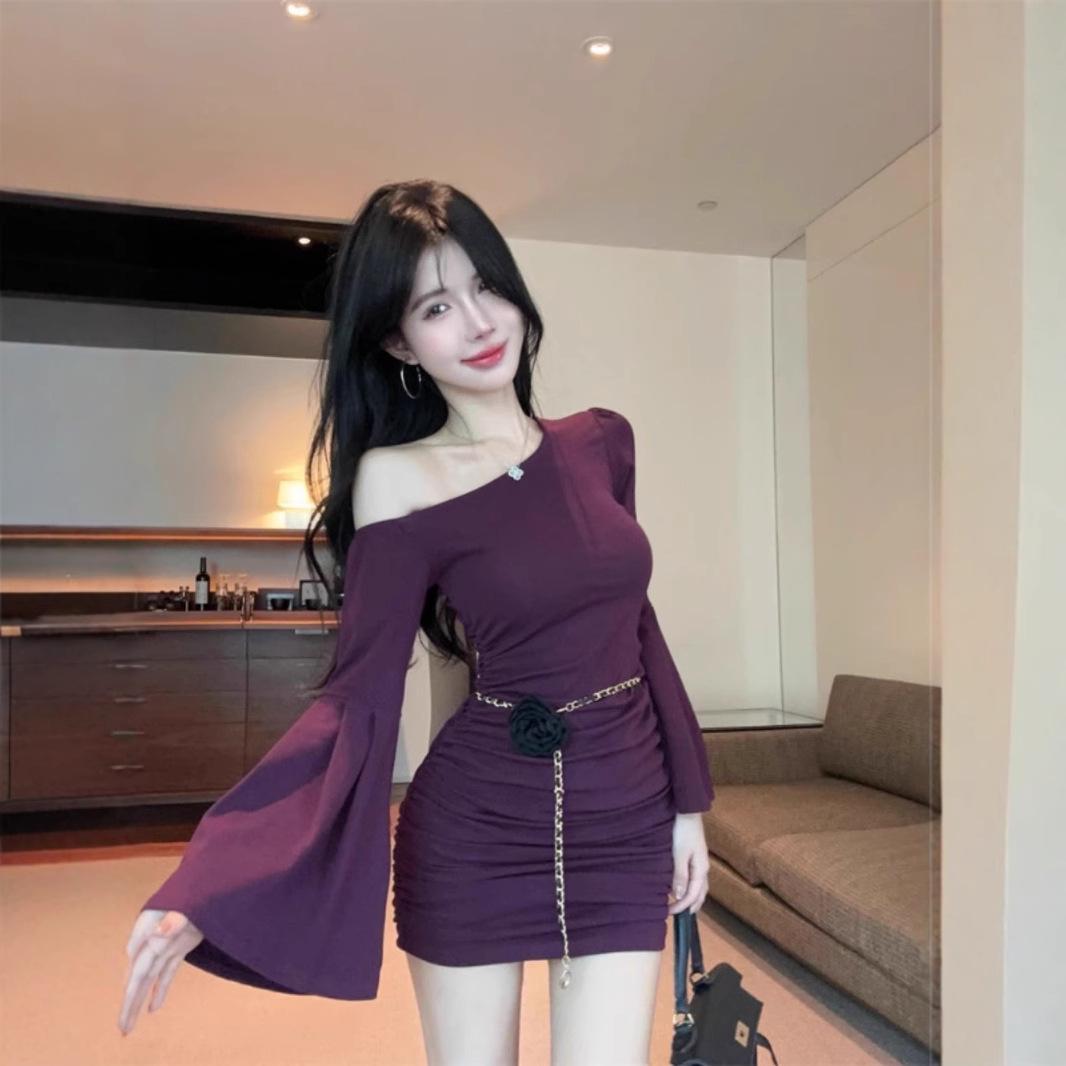 

Women s Purple Ruched One-Shoulder Bell Sleeve Dress - Slim Fit, Waist-Hugging Short Skirt M