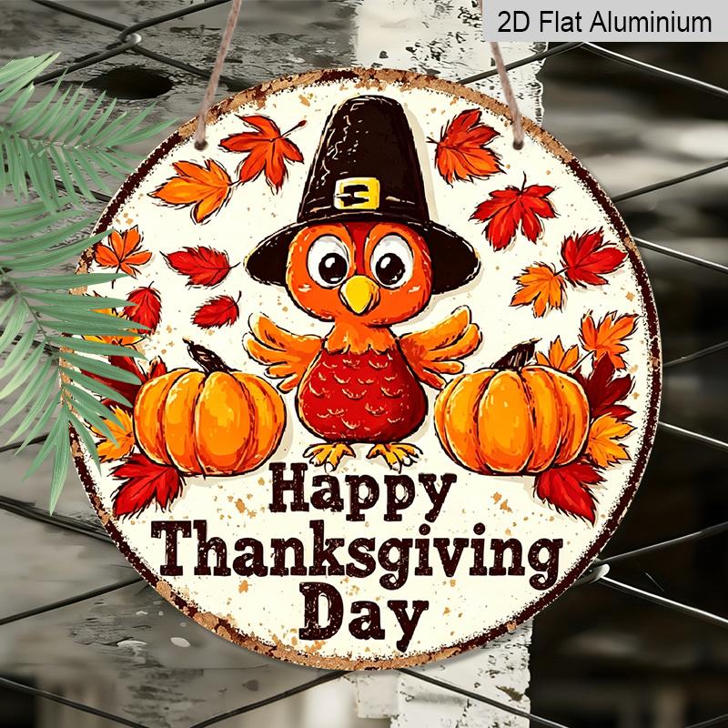 2D Flat, 1pc Vintage Thanksgiving Aluminum Metal Wall Decor - Happy Thanksgiving Day Sign with Red Turkey, Pumpkins & Fall Leaves, Retro Farmhouse