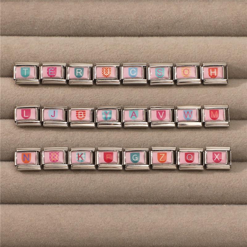 New Lovely 26 English Letter Pink Italian Charm Links Fit 9MM Stainless Steel Bracelet Women Men DIY Birthday Making Gift