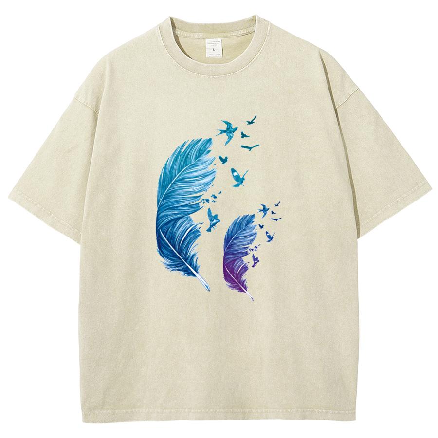 Washed Denim Women's Color Collision Girls Feather Abstract Printing Casual T-shirt Women's Basic Models Round Neck