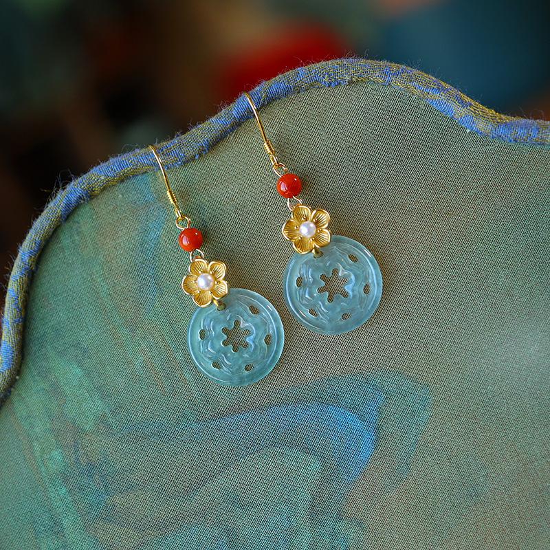 S925 Jade & Red Agate Six-Petal Flower Earrings