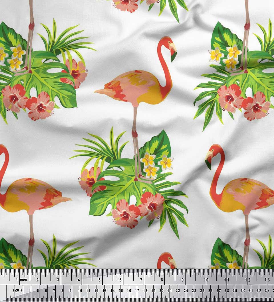 

Японська креп-атласна тканина Soimoi з принтами на тканині з тропічним листям, плюмерією та фламінго на 42 дюйми 42 Inch Wide - Poly Crepe білий