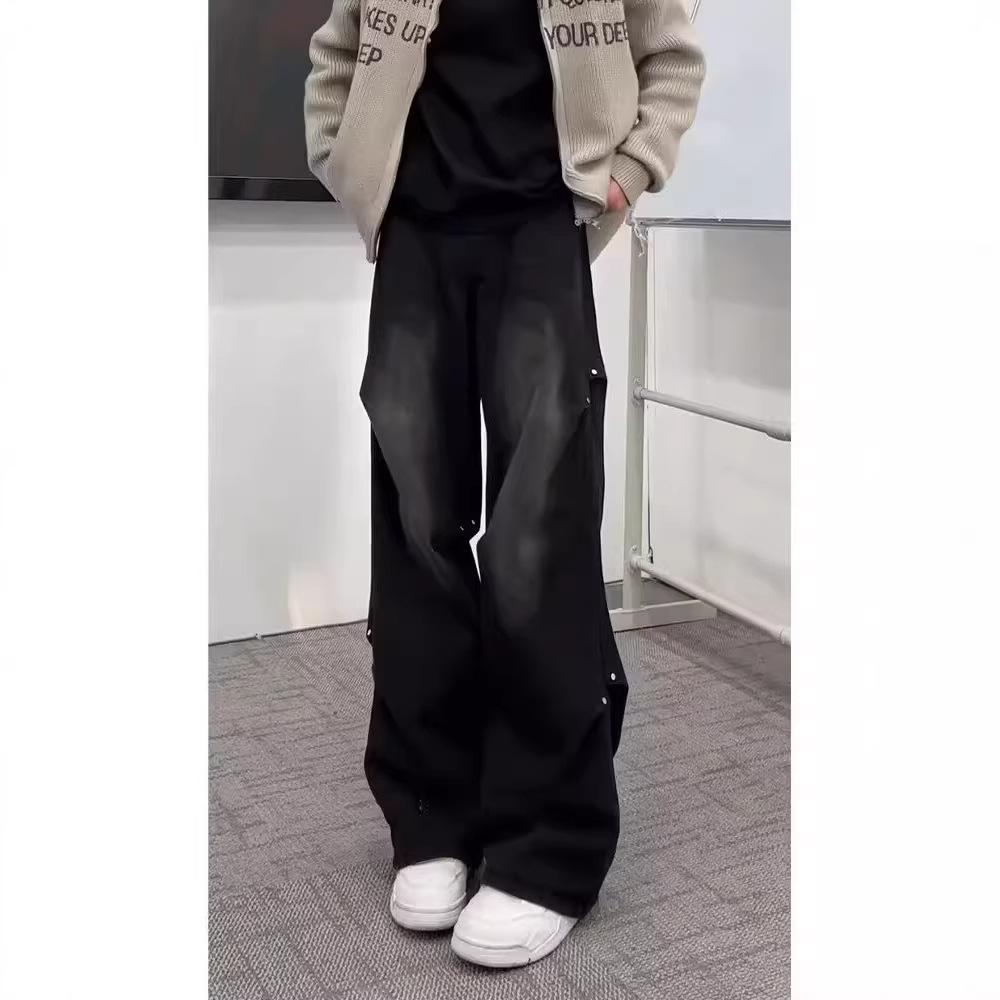 Black American scimitar jeans men's spring design pleated tooling pants high street vibe straight micro-pull pants