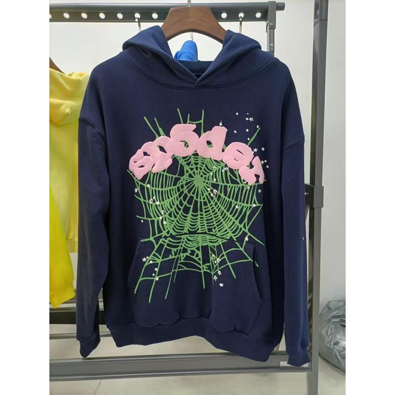 Felpa Sp5der Oversize Spessa in Pile con Stampa a Foglia Ragnatela Design Uomo Inverno Casual