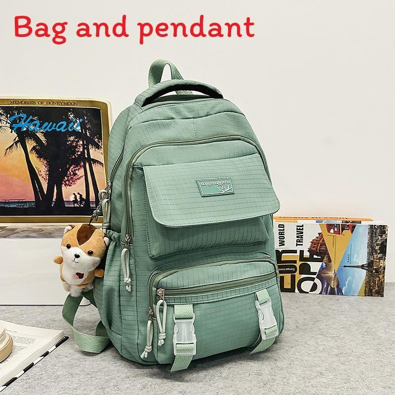 Simple Color Solid Checkered Texture Student Backpack With Pendant Plush