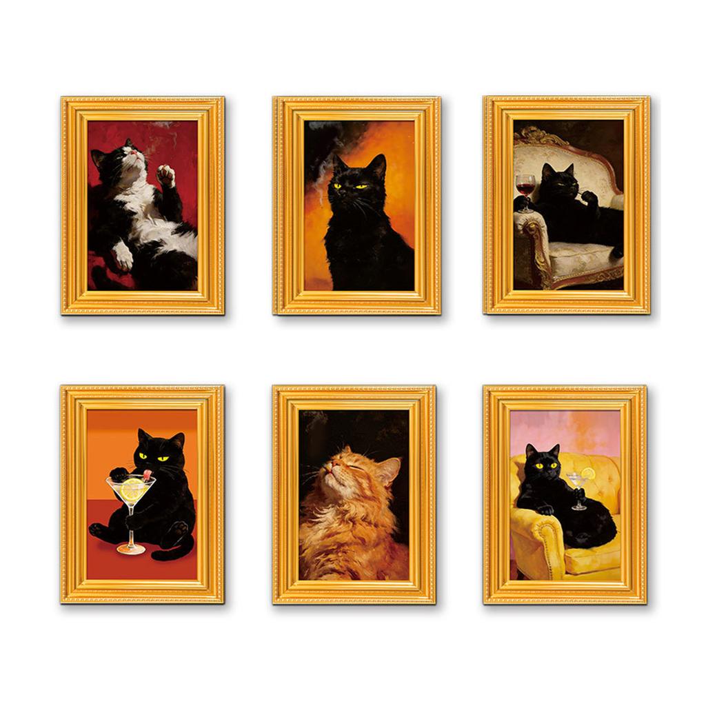 Set of 6 Functional Refrigerator Magnets Cute Cats Art Print Small Painting Wood Frame Fridge Magnetic Sticker Ornaments