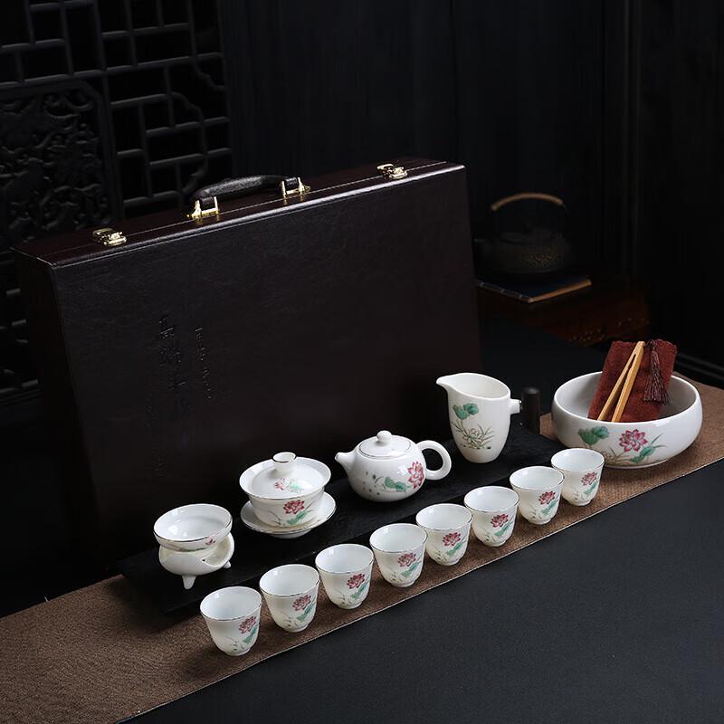 Chaxun Gold-Painted Mutton Fat Jade Porcelain Gaiwan Tea Set