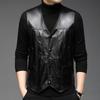 Otoño e Invierno, abrigo de piel de oveja negro con cuello en V para hombres, chaleco de cuero fino de negocios con múltiples bolsillos y un solo pecho para jóvenes