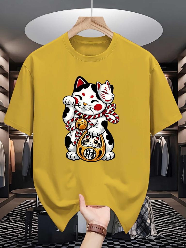 Unisex Crew Neck Tee Oriental Lucky Cat Fortune Graphic Print Soft Cotton Loose Short Sleeve Summer Casual Male Streetwear Tops