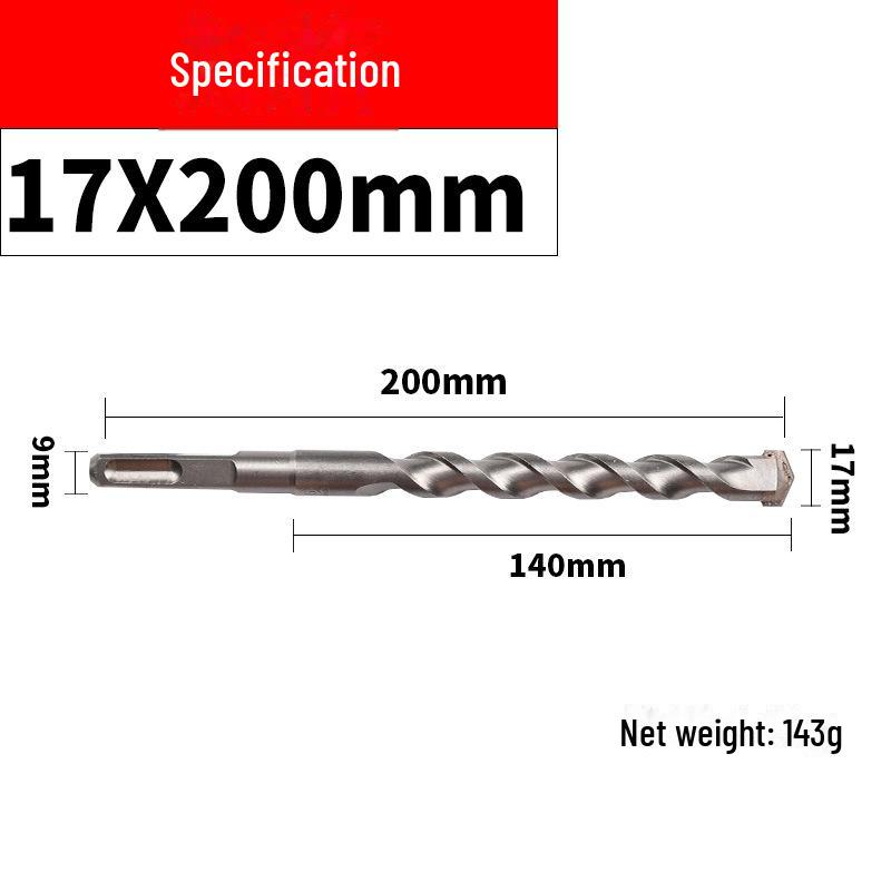 Impact Hammer Drill Bit for Drilling Through Concrete and Cement Walls with Round and Square Handles, Two Pits, and Two Grooves.