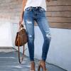 Damen Einfarbige Freizeithose Vielseitige Slim Fit Gerades Bein Jeans mit Löchern