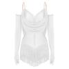 Womens Sparkling Tassel Dancewear Mesh Draped Leotard Rhinestone Fringed Bodysuit Adjustable Strap Gymnastics Outfit