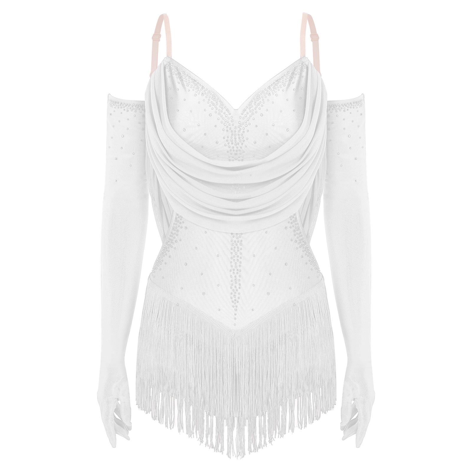 

Жіночий танцювальний купальник з сіткою з драпіруванням, блискучими стразами, регульованими бретелями, вирізом та бахромою S слонова кістка