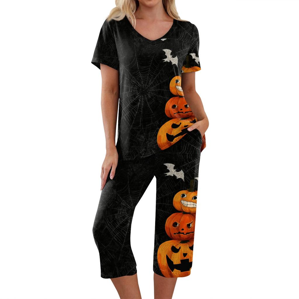 Women's Festive Halloween Print Tracksuit Set - 2 Piece Short Sleeve Top & Cropped Pants, Casual Costume Outfit for Fall Party