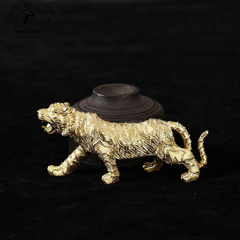Solid Brass Big Tiger Statue Desktop Ornament Tea Pet Gold Color Animal Figurines Paperweight Home Decoration Crafts Accessories