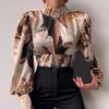 Blusa feminina elegante casual estampa barroca puff lanterna manga sem costas top manga comprida camisas de festa femininas roupas de trabalho