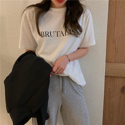 Short-sleeved T-shirt top women's Korean version loose new spring medium and long letter-printed bottoming shirt trendy ins