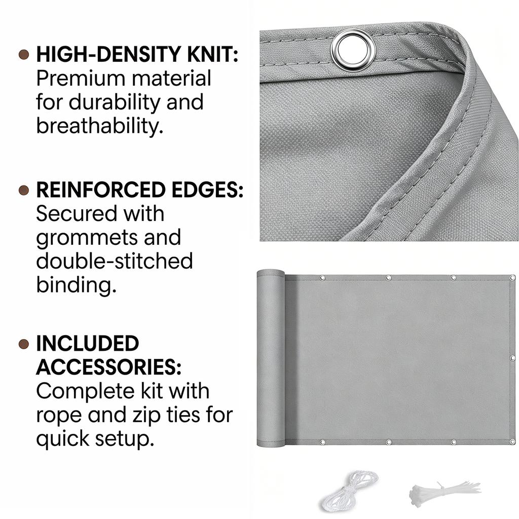 Balcony Privacy Screen, Outdoor Sunshade Fabric, Garden Fence Cover, Apartment Railing Protector with Rope Tie-Downs - Gray