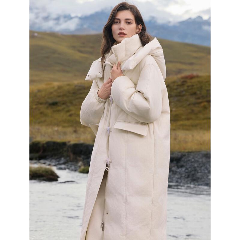 ELLE Women's Hooded Textured White Duck Down Long Jacket