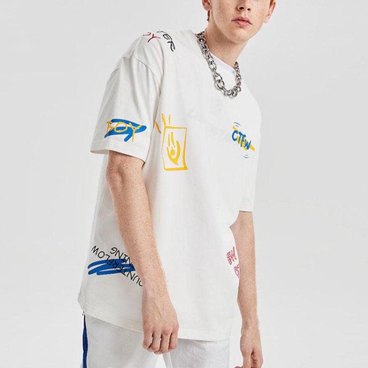 Li-Ning Cf Awesome Sports Fashion Series Tematrykk Løs rundhals Kortermet T-skjorte Herre Overdeler Milk-White AHSR679-1