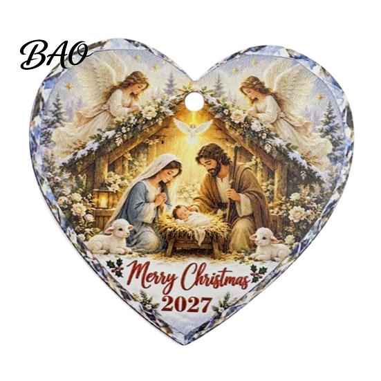 Heart Shaped Nativity Pendants Wooden Hanging Ornament for Christmas Tree Decorations, Retro Religious Ornaments Scene Garland Decoration Holiday Home