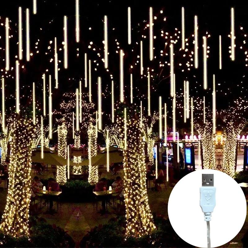 30/50cm USB Powered LED Meteor Shower Light Holiday String Light Waterproof Fairy Garden Decor Outdoor Street Garland Christmas