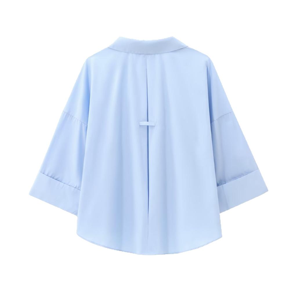 1116 spring and summer new European and American style women's loose sleeve lapel solid color casual poplin shirt 8191111