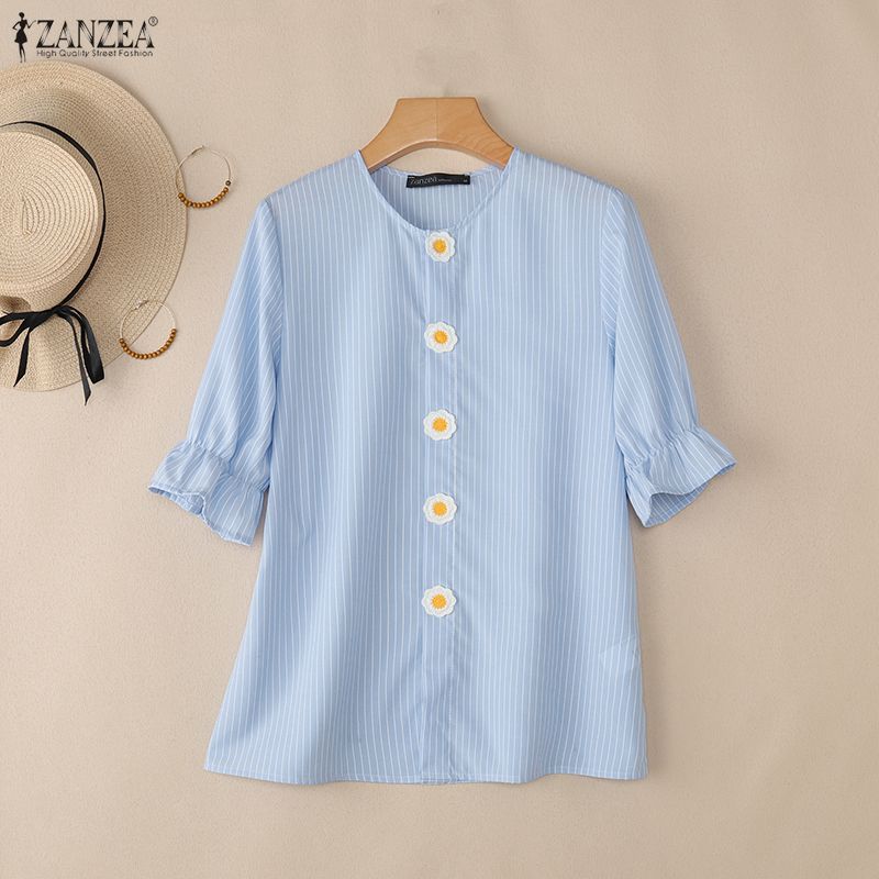 ZANZEA Dam Casual Rund Hals Lös Kortärmad Randig Blus