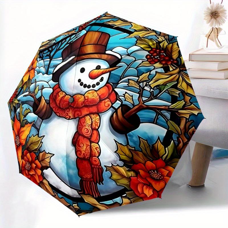 1pc Snowman Pattern Automatic Opening/Closing Folding Umbrella with 50 Ribs, Plastic Handle, Windproof Portable Sunshade Umbrella Halloween