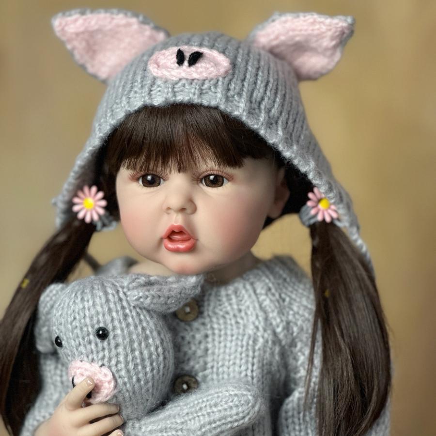BZDOLL 55 CM Reborn Full Vinyl Body Baby Girl  Lifelike Realistic 22 Inch Doll Long Brown Hair Princess Toddler Bebe Birthday Gift