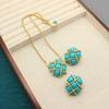 Pre-Owned Fashion Jewelry Set: Oval Stud Earrings with 925 Silver Needles and Simple Imitation Turquoise Pendant Necklace