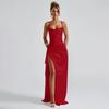 Herbst Socialite Elegantes Schlank geschnittenes Satin-Rüschen-Schlitzkleid