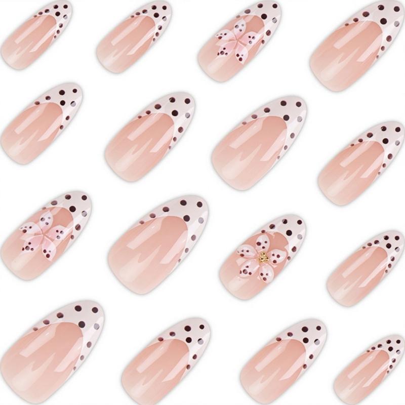 Pink French Edge Press On Nail with Colored Dot Accents, Long Pointed 30 Piece Styling Set, Adhesive Tabs and Storage Box Included