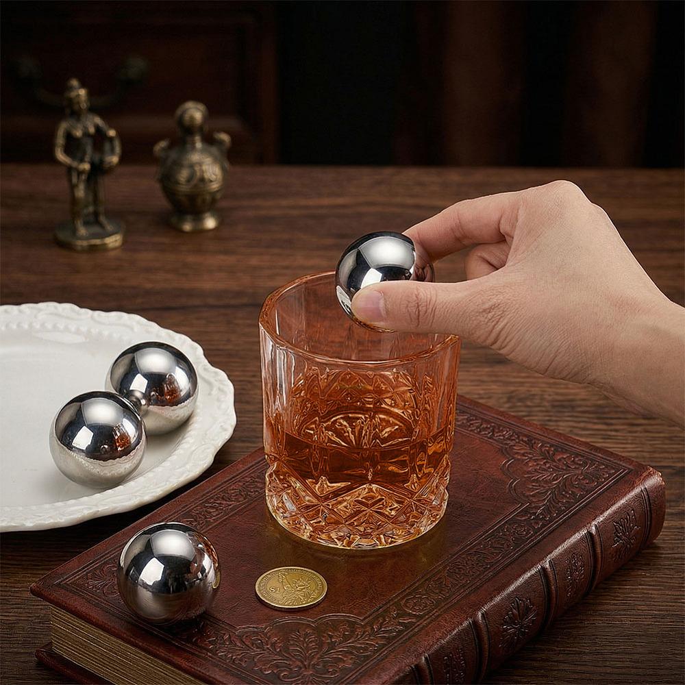 4pcs Reusable 304 Stainless Steel Ice Cubes Whiskey Ice Balls for Cocktail Beverage Chilling Stainless Steel color 37.5mm