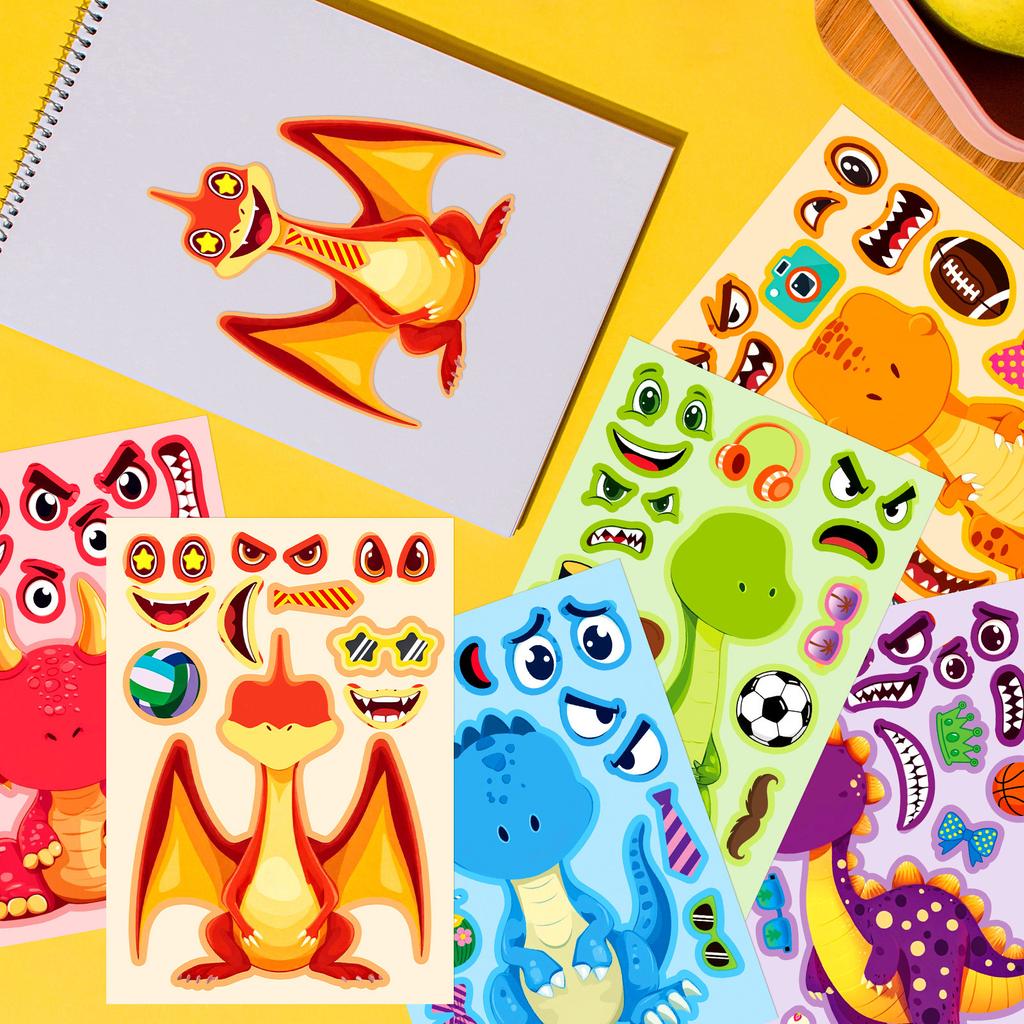 6Pcs Dragon DIY Cute Cartoon Puzzle Sticker Creative Animals Make A Face Assembly Stickers Children's Toys