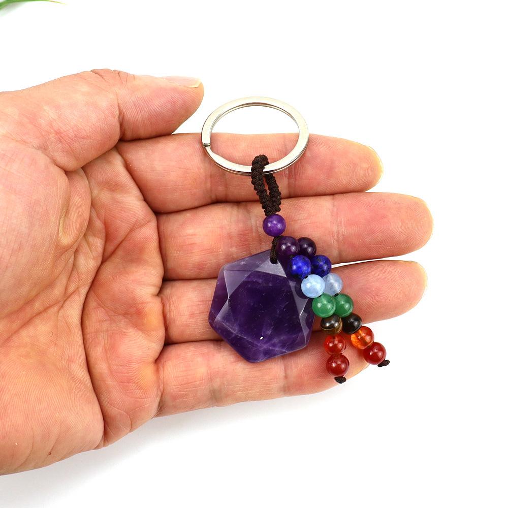 Natural Crystal Stone Hexagram Keychain Pendant Colorful Chakra Beaded Luggage Pendant K44