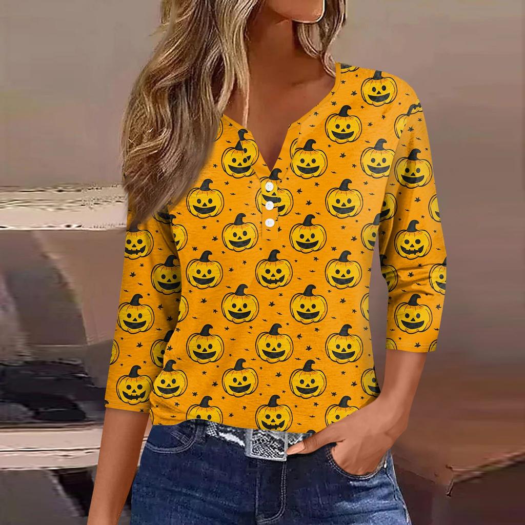 Damesmode Casual Halloween Print V-hals Korte Mouw Decoratieve Knop Driekwart Mouw T-shirt Top