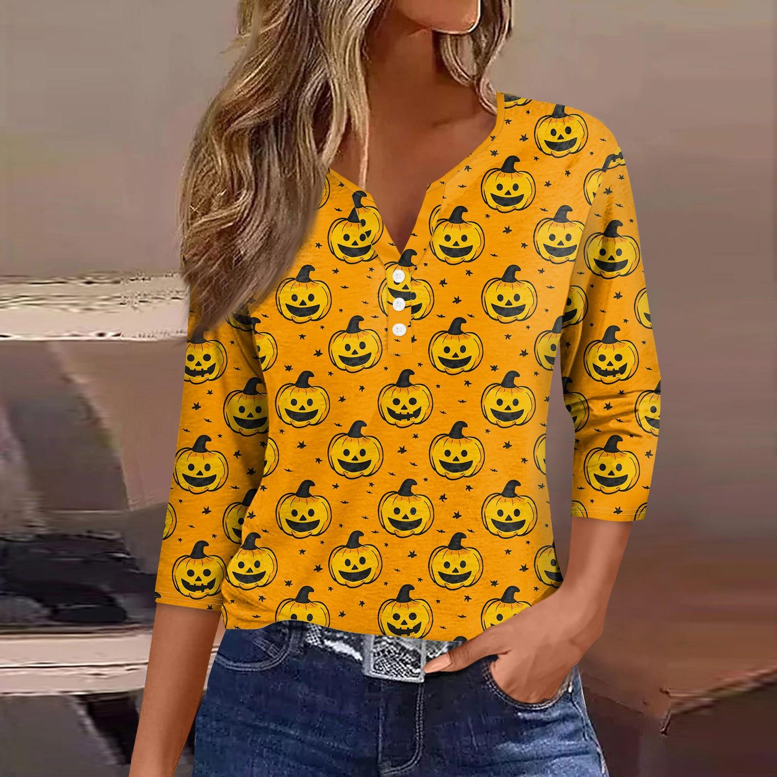 

Женская модная повседневная футболка с принтом на Хэллоуин, V-образным вырезом, короткими рукавами, декоративными пуговицами и рукавами три четверти L жёлтый