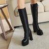 Cross-Tied Punk Style Super Chunky Heel Three-Layer Platform Women's Long Boots Side Zip Plush Lining Winter Knee-High Boots