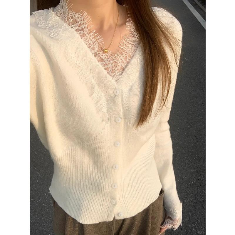Pure Desire Collar Lace Splicing Knitted Cardigan Women's Spring Sweet and Spicy Versatile Bottoming Shirt with Sweater Inside