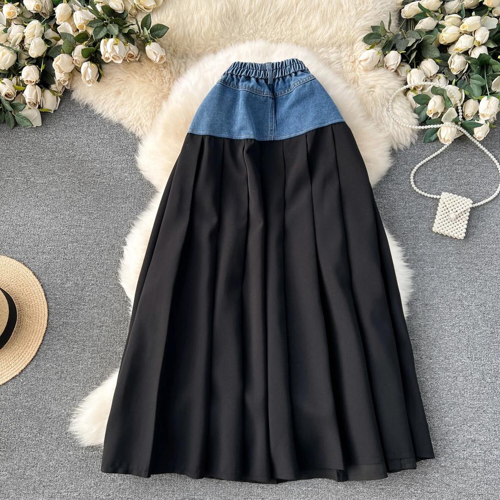 Denim Skirt Women's Design Contrast Color Patchwork Heavy Industry Pleat Long Pleated Skirt High Waist Slimming A- line Skirt