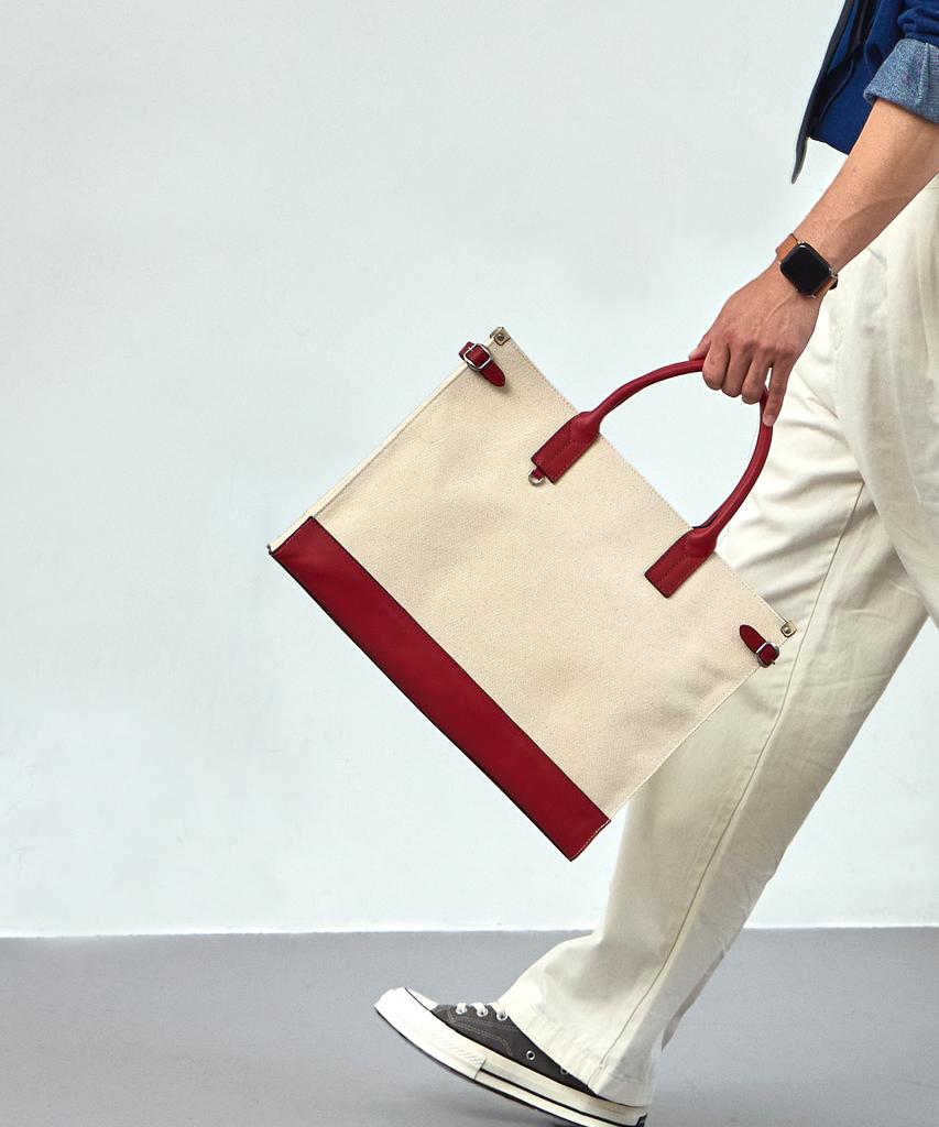 Matt Slim Canvas Leather Square Bag (Ivory + Red) B42915