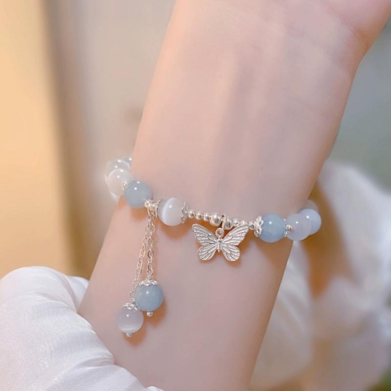 Aquamarine Cat's Eye Crystal Butterfly Bracelet with Sterling Silver and Tassel