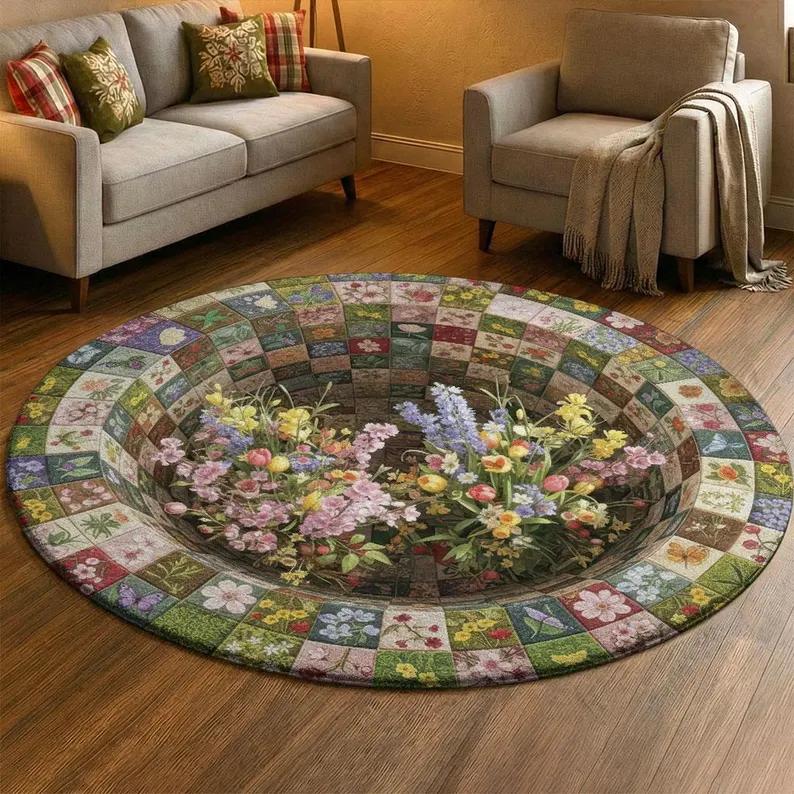 2D Illusion Secret Garden Round Rug Spring Wooden Gate Flower Print Soft Non-Slip Carpet Enchanted Garden Themed Floor Mat