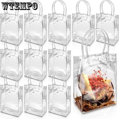 WTEMPO 12 Stück 15 x 7 x 20 cm, durchsichtige Geschenk-Handtaschen aus PVC, transparente Party-Geschenktüten, wiederverwendbare Aufbewahrungstaschen für Lebensmittel, perfekt für Hochzeiten, Geburtstagsfeiern