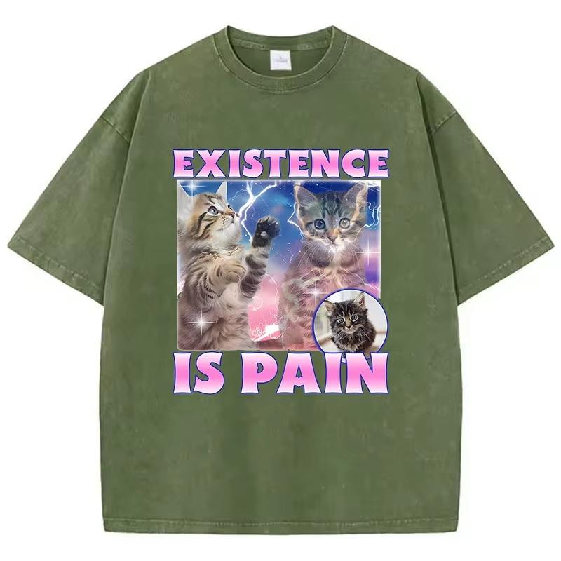 Existence Is Pain Cat T Shirt Vintage Washed 100% Cotton T-Shirt Graphic Tee Casual Streetwear for Spring Summer Fall