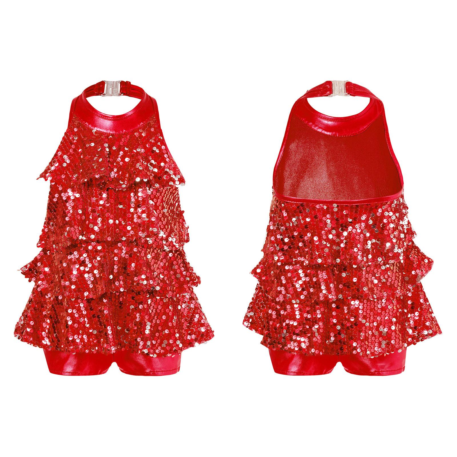 

Танцювальний одяг для дітей, дівчаток, джазовий танцювальний костюм із блискітками, коротке плаття-комбінезон 13-14 Years червоний